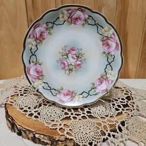 M.Z. Austria Hand-Painted Porcelain Plate Pink Rose Pattern *READ DSC*